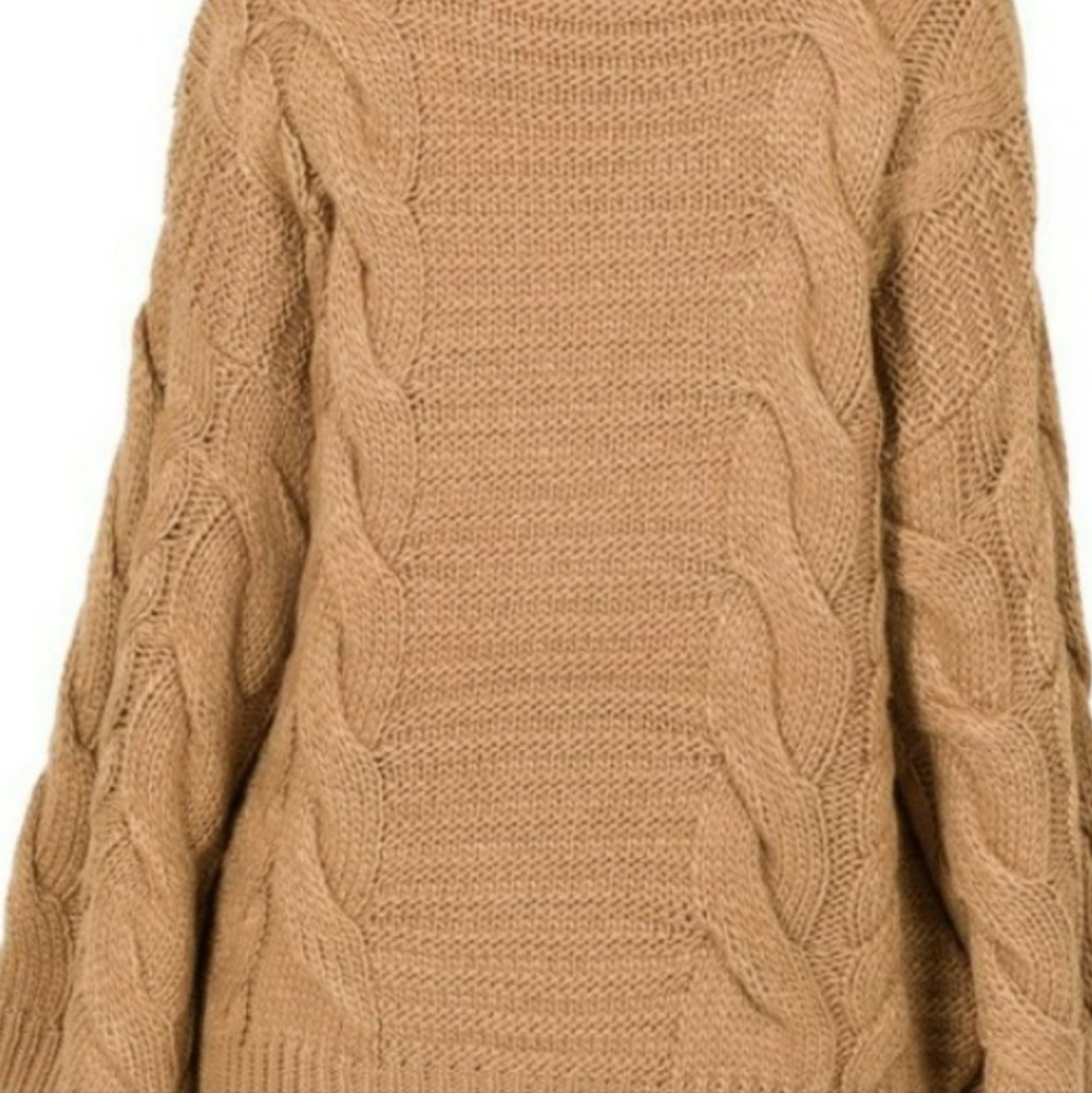 NEW! Cableknit Sweater Camel Tan Neutral Trendy Top Statement Sleeves - Picture 10 of 12
